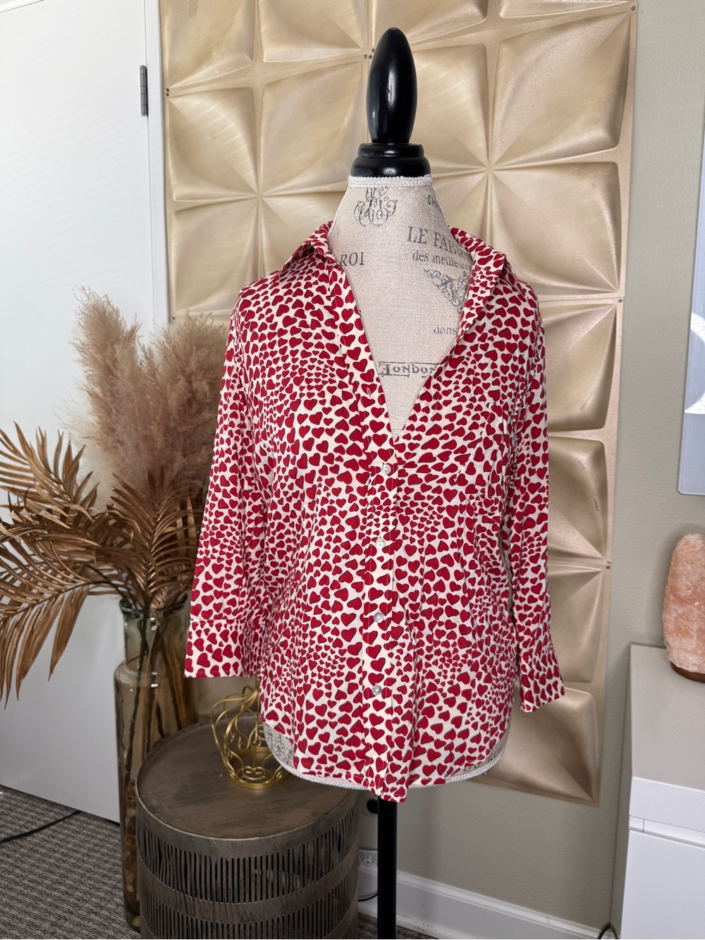L'AGENCE Red and White Heart-Print Button-Down Blouse